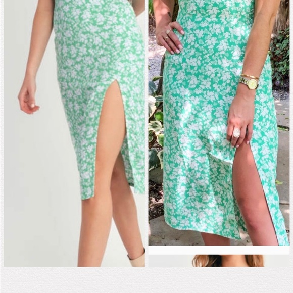 Green Floral Dress with Slit - Picture 2 of 2